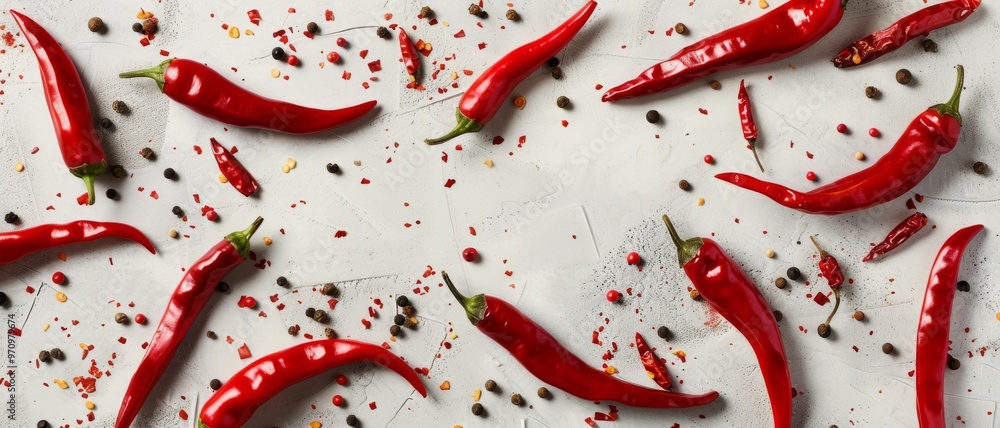 An array of fiery red chili peppers scattered on a light surface, paired with spices, creating a bold, spicy visual statement. An array of fiery red chili peppers scattered on a light surface, paired with spices, creating a bold, spicy visual statement.
