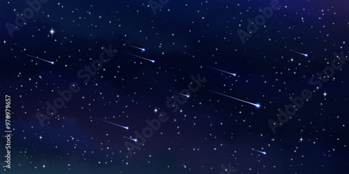Starry space sky. Realistic vector dark cosmos with comets and asteroids, shooting stars with trails, bolides with blue luminous traces streak across night heaven. Cosmic meteorites in far galaxy
