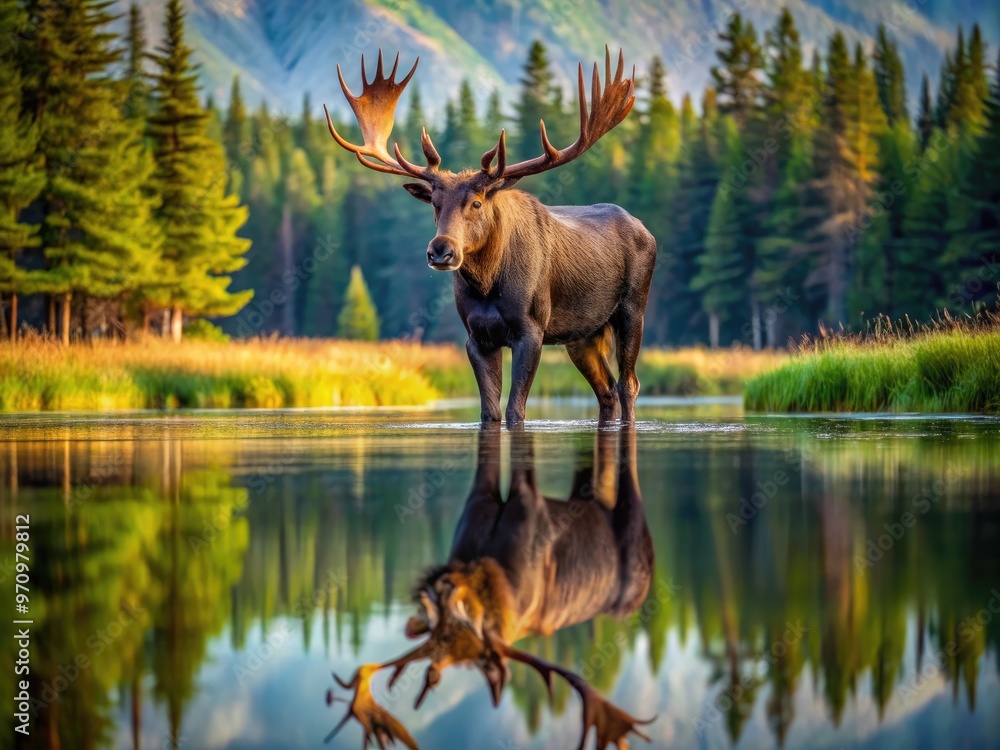 A majestic moose stands confidently on the serene surface of a mirror-like lake, its massive antlers and legs reflected in the tranquil surrounding environment. A majestic moose stands confidently on the serene surface of a mirror-like lake, its massive antlers and legs reflected in the tranquil surrounding environment.