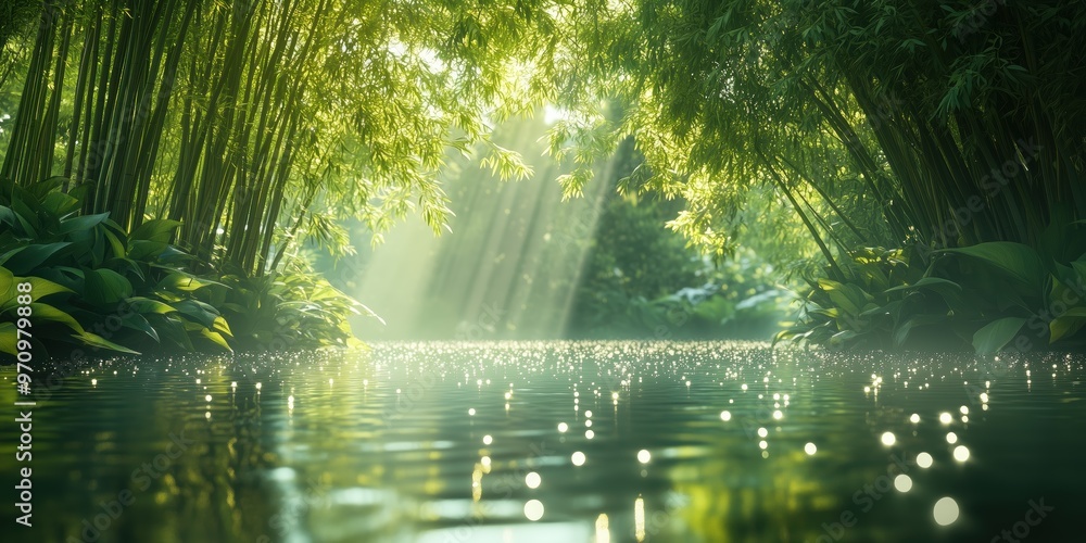 Obraz premium Calm bamboo forest with soft sunlight and sparkling water, creating a tranquil and natural scene ideal for meditation, relaxation, and nature-inspired visuals.