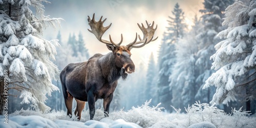 A majestic moose stands calmly in a snowy forest, its distinctive antlers and fur rendered in striking black and white tones against a frosty backdrop.