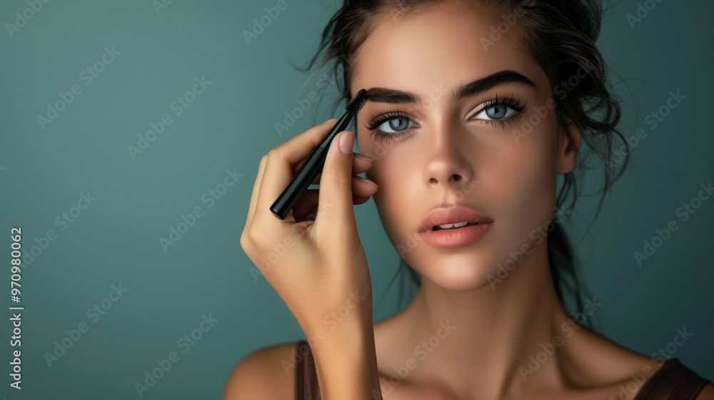Fototapeta premium Beauty glamour model is applying makeup to her face, with a brush in her hand