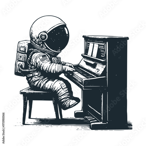 Cute astronaut playing piano. Black white vector. Icon and logo illustration.