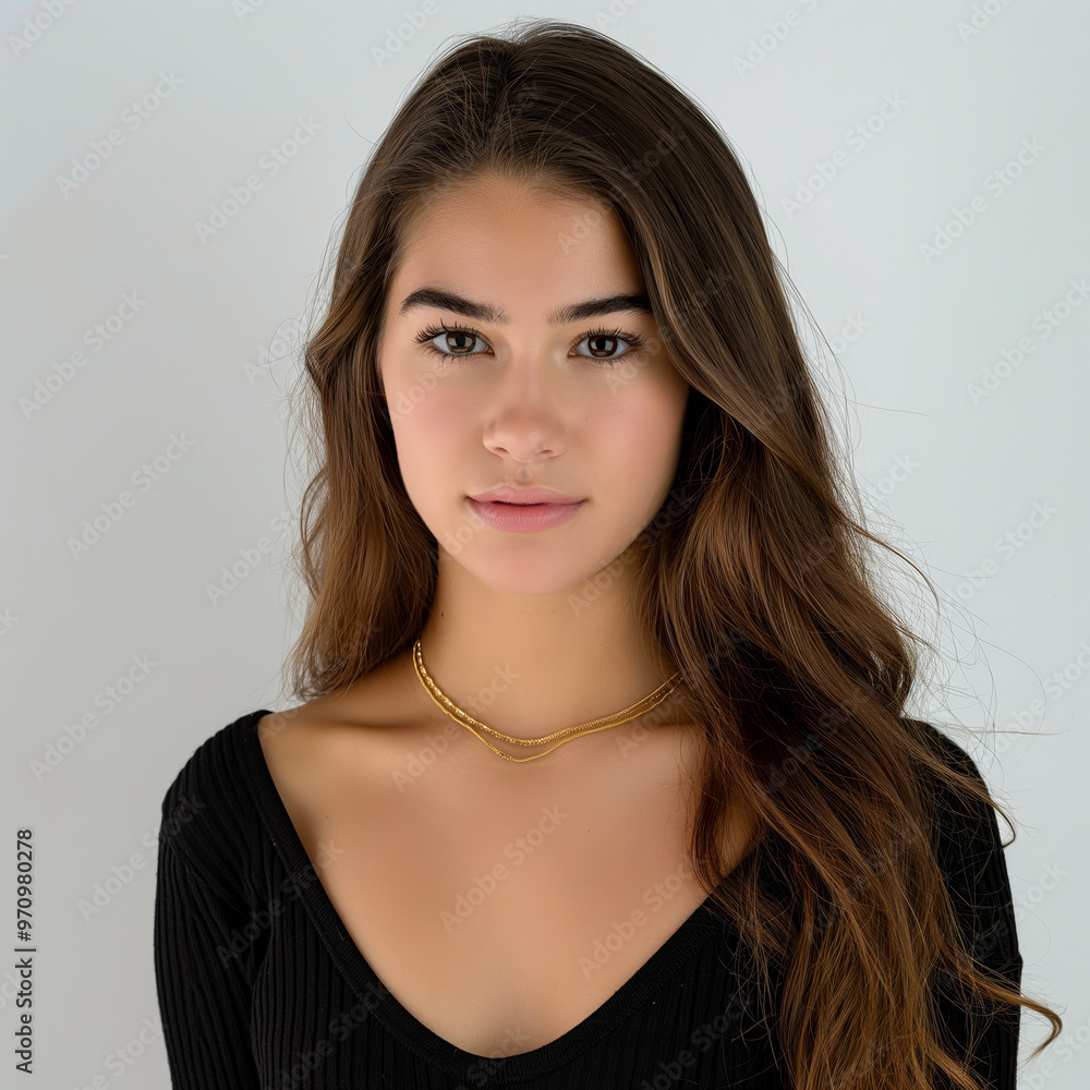 Close-up shot of a young female adult, serious expression. Brunette teenage lady with long brown hair is wearing a gold necklace Close-up shot of a young female adult, serious expression. Brunette teenage lady with long brown hair is wearing a gold necklace