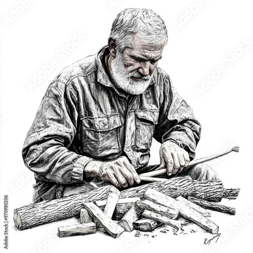 Old man whittling wood on a farm, peaceful country life, pencil sketch, earthy tones, isolated on white background photo