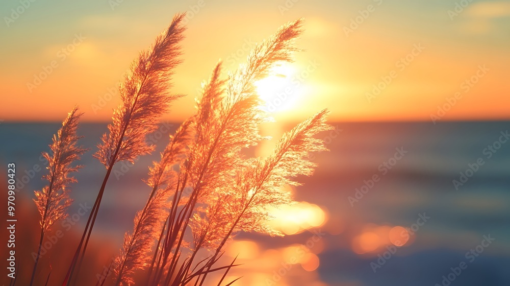 Wild grasses on the seashore at sunset with glowing orange sky Wild grasses on the seashore at sunset with glowing orange sky