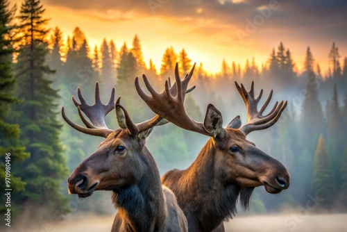 A majestic pair of moose heads, adorned with impressive antlers, gaze intently into the distance, set against a serene, misty forest landscape at dawn. photo