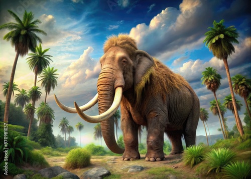 A majestic, shaggy-coated Columbian mammoth roams a lush, prehistoric forest, its massive tusks and powerful legs a testament to its dominance in a bygone era. photo