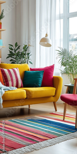 Mid-Century Scandinavian Living Room with Colorful Furniture Design