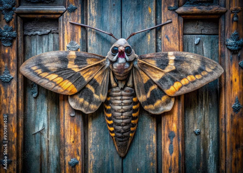 Moth With Skull Pattern A majestic, symbolic death's-head hawkmoth perches on a worn, wooden ...