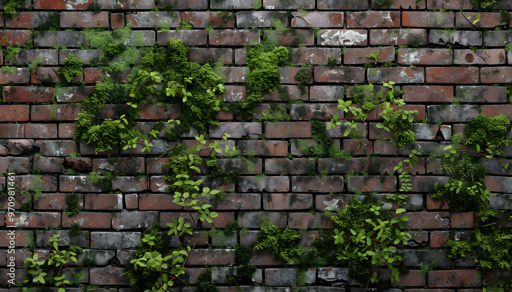 A rustic brick wall adorned with vibrant green moss and small plants, creating a beautiful blend of nature and urban decay. A rustic brick wall adorned with vibrant green moss and small plants, creating a beautiful blend of nature and urban decay.