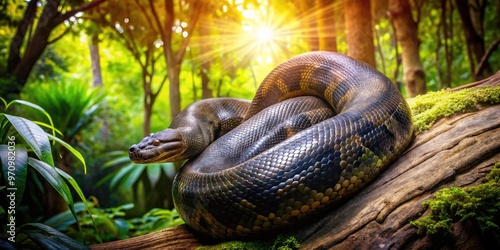 A massive black anaconda snake coils its enormous body around a tree trunk, its scaly skin glistening in the dappled jungle sunlight filtering through foliage. photo