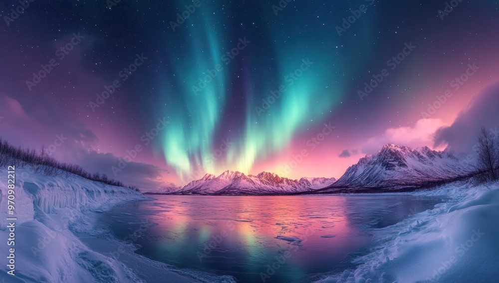 Aurora Borealis over Snowy Mountains Aurora Borealis over Snowy Mountains