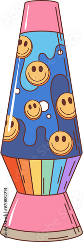 Retro groovy hippie lava lamp with smiles emoji and rainbow, vector 70s cartoon symbol. Groovy funky comic smile emoticons floating in lava lamp melt for hipster or retro hippie fashion print