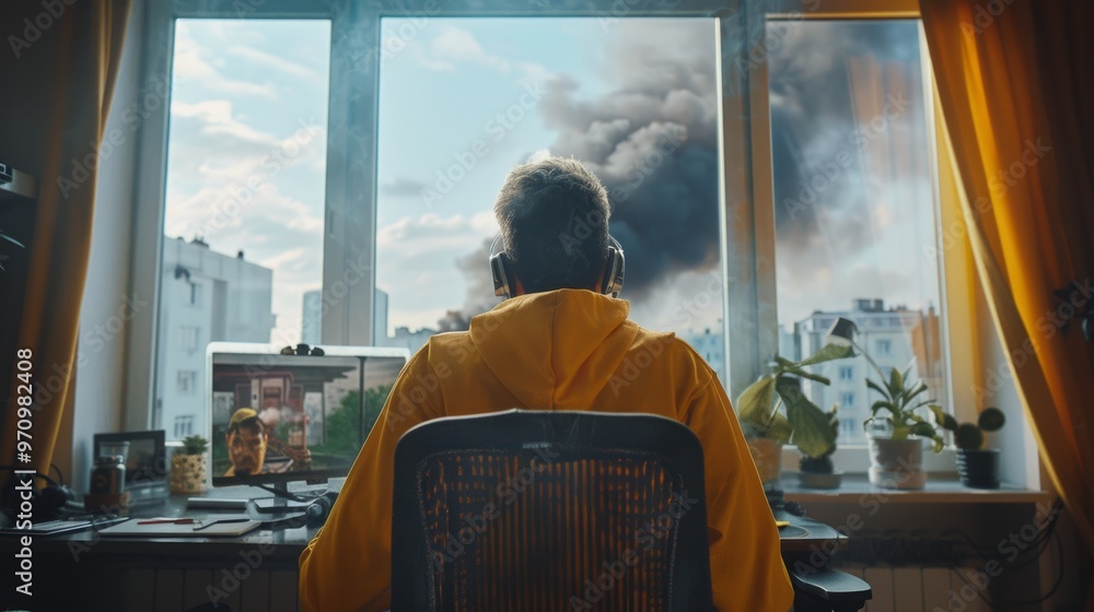 A photo from behind shows a 40-year-old man wearing a yellow hoodie and black and white hair sitting in his office, looking boredly at a monitor. He looks out a A photo from behind shows a 40-year-old man wearing a yellow hoodie and black and white hair sitting in his office, looking boredly at a monitor. He looks out a