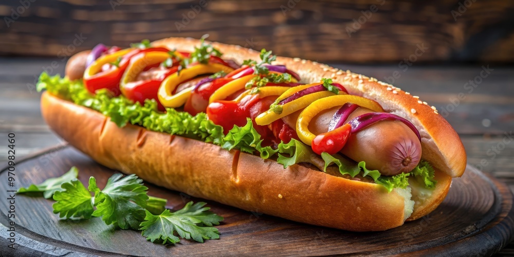 Juicy hotdog with sausage, onions, mustard, ketchup, and toppings American hot dog, hot dog, juicy, sausage, onions Juicy hotdog with sausage, onions, mustard, ketchup, and toppings American hot dog, hot dog, juicy, sausage, onions