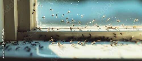 A swarm of ants gathers on a sunlit windowsill, crawiling over the glass and edges, showcasing their industriousness amid the bright daylight streaming in. photo