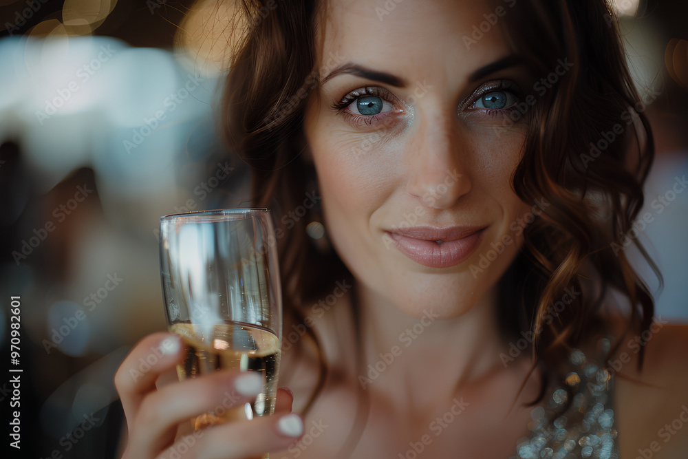 A beautiful woman in her late thirties, wearing an elegant grey dress and drinking champagne at the bar of a modern restaurant, happy expression A beautiful woman in her late thirties, wearing an elegant grey dress and drinking champagne at the bar of a modern restaurant, happy expression