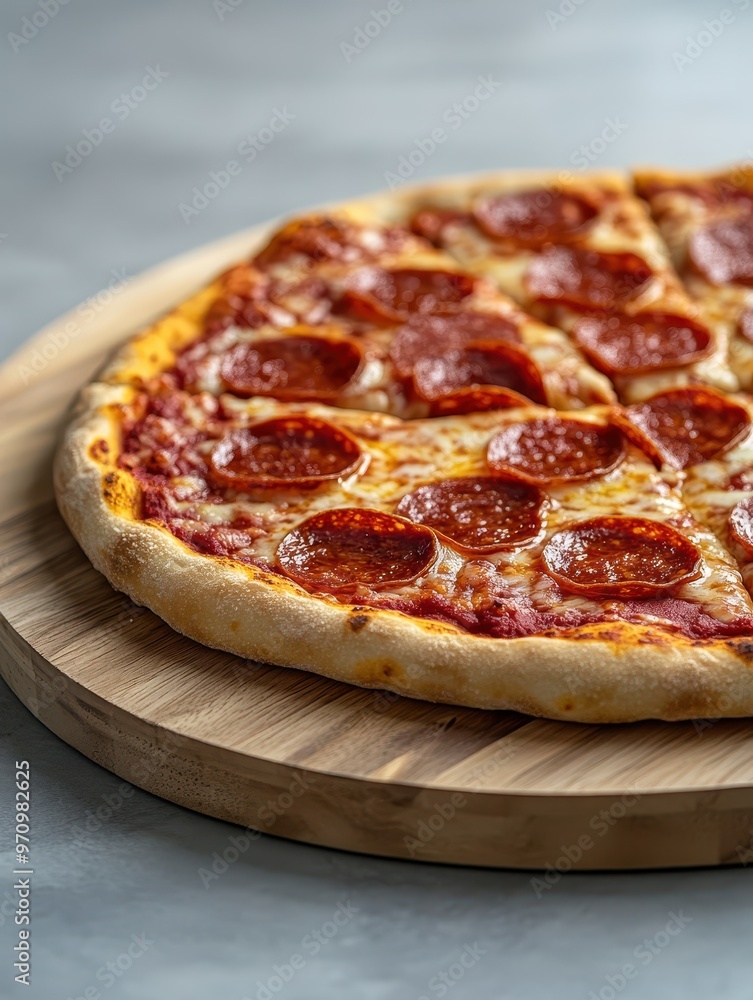 A freshly baked pepperoni pizza on a wooden board, ready to be served. A freshly baked pepperoni pizza on a wooden board, ready to be served.