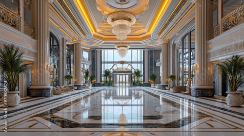 Grand Hotel Lobby with Marble Floors and Chandelier photo