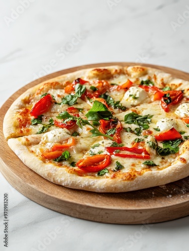 A freshly baked pizza topped with red peppers, spinach, and cheese on a wooden serving board.