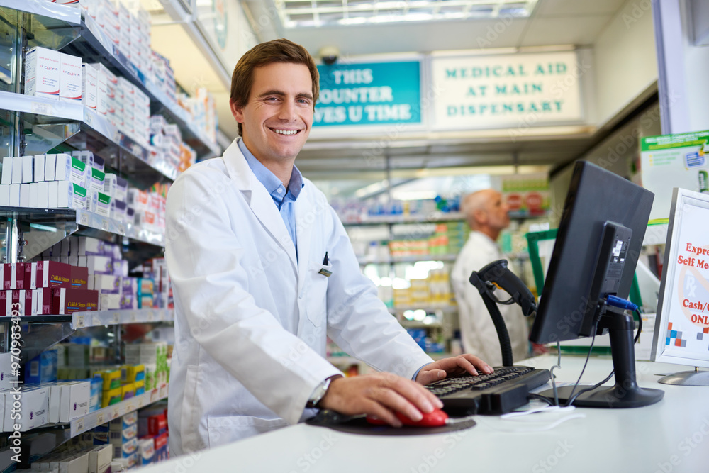 Portrait, pharmacist and happy man on computer for healthcare, service or medicine. Pharmacy, face or medical professional in drugstore to check stock, sales or prescription email at checkout counter Portrait, pharmacist and happy man on computer for healthcare, service or medicine. Pharmacy, face or medical professional in drugstore to check stock, sales or prescription email at checkout counter