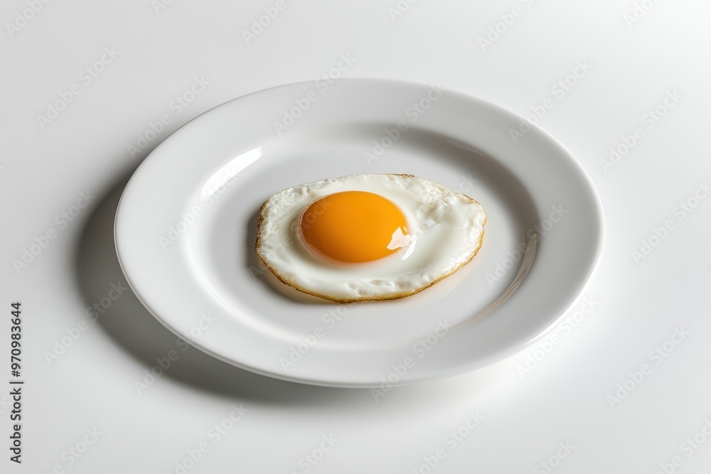 A fried egg on a white plate, showcasing its vibrant yolk and cooked white. A fried egg on a white plate, showcasing its vibrant yolk and cooked white.