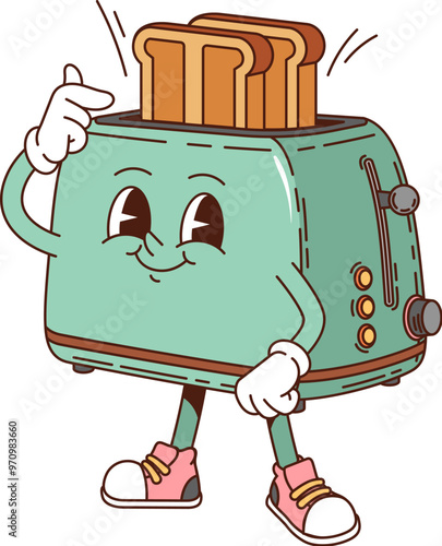 Cartoon toaster retro groovy breakfast character with a smiling face, pointing with one hand on the fried toast slices popping out. Isolated vector toaster kitchen equipment personage cooking bread