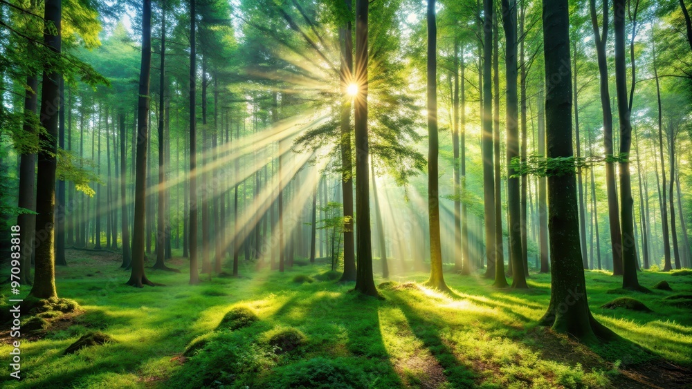 A serene image of a lush green forest with sun rays filtering through the trees, nature, conservation, environment A serene image of a lush green forest with sun rays filtering through the trees, nature, conservation, environment