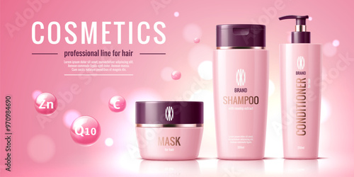 Hair cosmetic product templates. Shampoo, conditioner and mask packages. Vector ads promo with stylish realistic pink cosmetics packaging for professional hair care products and flying vitamin bubbles