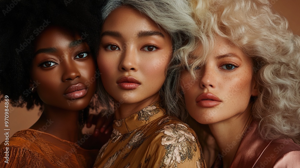 ad for a beauty brand, celebrating diversity in beauty standards with models of different skin tones and ages