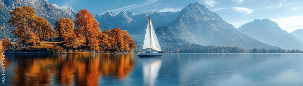 Fototapeta premium A sailboat gliding across a calm lake, with mountains and trees reflecting on the water