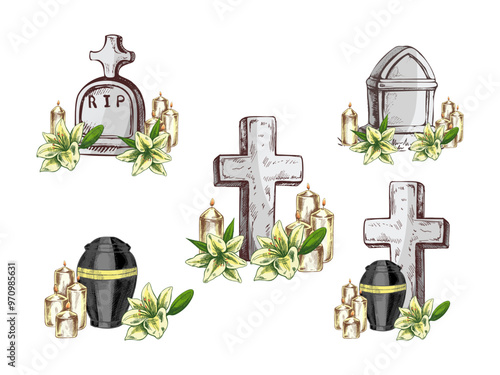 Hand drawn set for Funeral service. Vector illustration. Attributes and symbols of condolence, loss, dead, bereavement and cemetry.