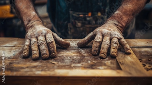 Close-up of a Carpenter's Hands Covered in Sawdust