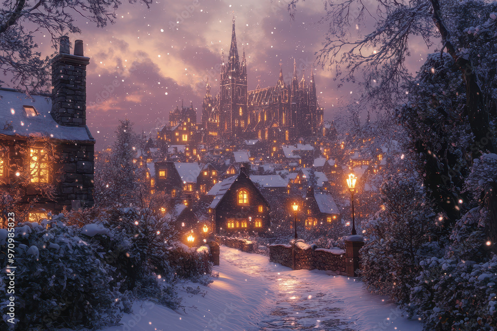Obraz premium A snowy, medieval street in the village.