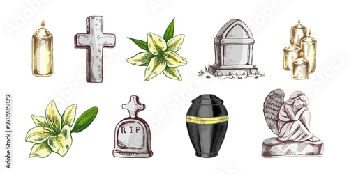 Hand drawn set for Funeral service. Vector illustration. Attributes and symbols of condolence, loss, dead, bereavement and cemetry.