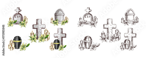 Hand drawn set for Funeral service. Vector illustration. Attributes and symbols of condolence, loss, dead, bereavement and cemetry.	