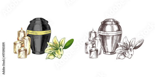 Hand drawn lilies, candles and an urn with ashes. Vector hand drawn isolated illustration on white background. Sketch symbol of death, cemetery, christianity, religion, faith, trust and resurrection