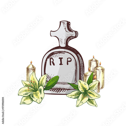 Old hand drawn murble stone tombstone with candles and lilies.. Rest in peace vector drawing illustration for funeral service, card or last farewell card. Sketch of grave or cemetery, resting place