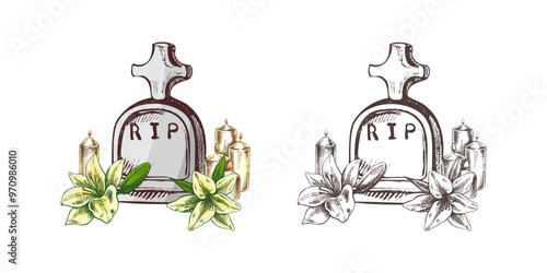 Old hand drawn murble stone tombstone with candles and lilies.. Rest in peace vector drawing illustration for funeral service, card or last farewell card. Sketch of grave or cemetery, resting place