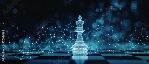 A glowing chess piece surrounded by interconnected nodes on a chessboard, representing futuristic strategic thinking and technology.