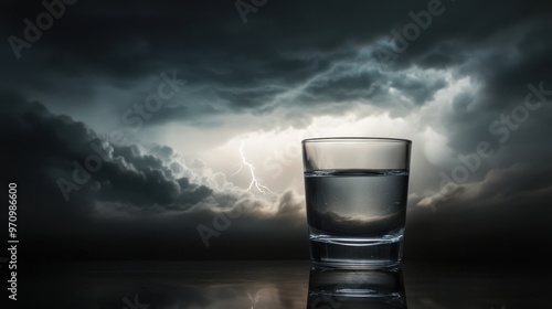 A glass of water against a dramatic stormy sky with lightning. photo