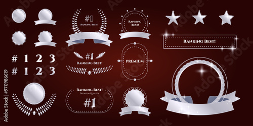 Set of silver award design elements with ribbons, stars, golden frames and numbers, laurel branches and decorations. Vector illustration.