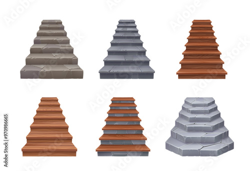 Stone and wooden stairs, castle staircase and stairway for arcade game elements, cartoon vector. Stairs ladder with stone rock tile steps or wood planks for floor stairway or game level staircase