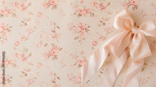 Light pink floral pattern with white lace ribbon bow border suitable as an elegant baby girl nursery wallpaper