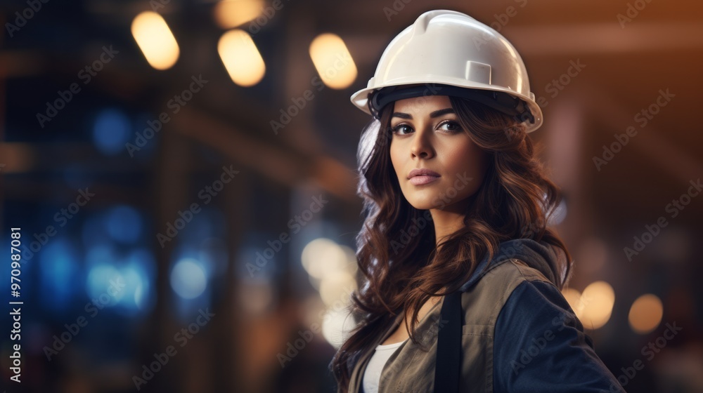 Engineer woman with safety helmet on construction works. Neural network ai generated art Engineer woman with safety helmet on construction works. Neural network ai generated art