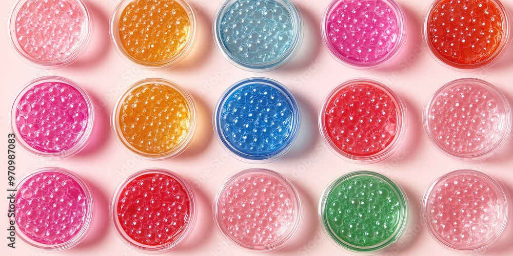 Fotografie Different plastic colorful bubble tea cups on pastel background with copy space,