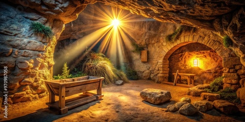 Ancient stone grotto with rustic wooden manger and soft golden lighting, evoking a sense of reverence and tranquility in the Holy Land's sacred site. photo