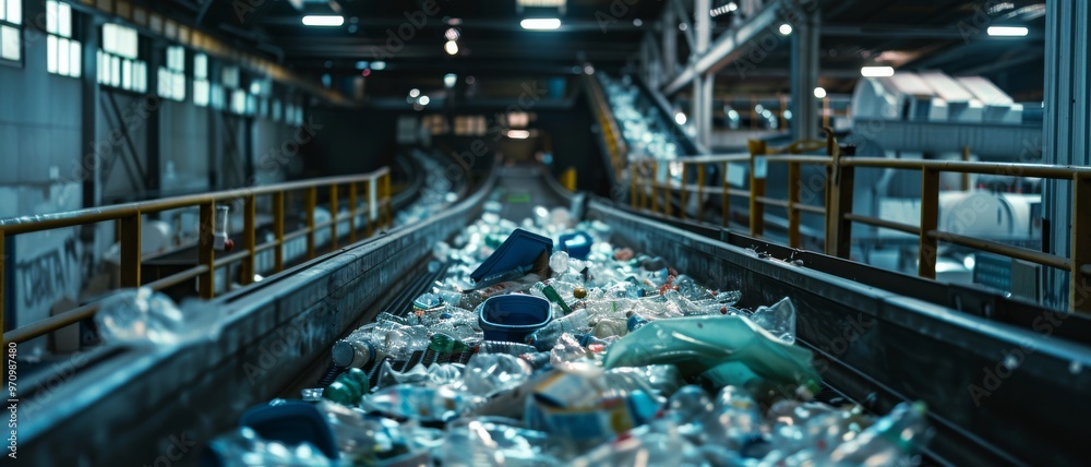Fototapeta premium A long conveyor belt loaded with assorted plastic items, set within an expansive, industrial recycling plant.