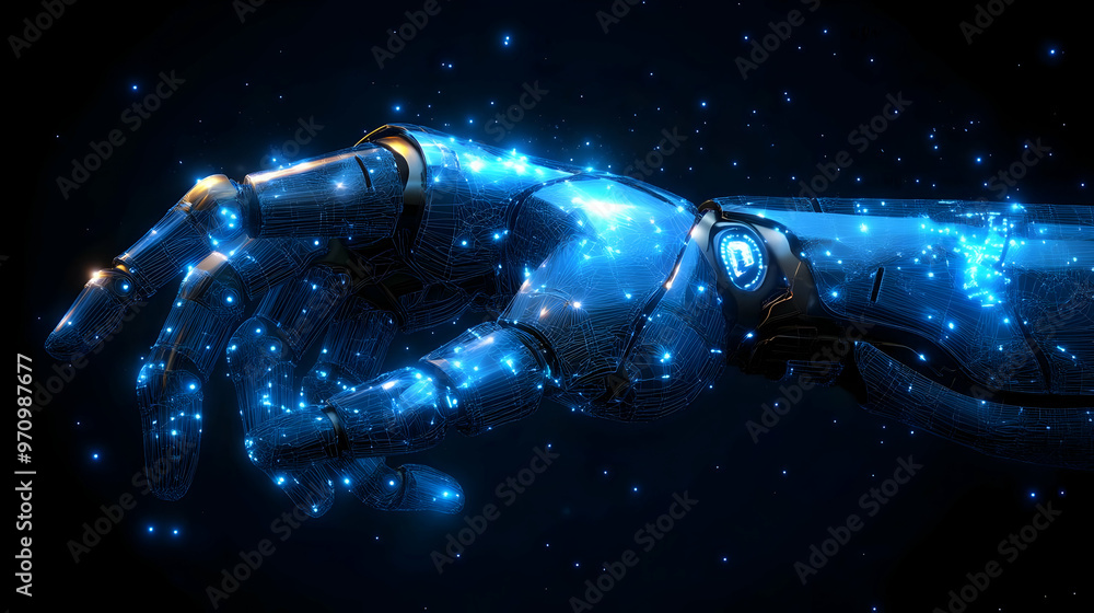 A Futuristic Robotic Hand Reaches Out With Glowing Blue Lights in a Dark Space Background A Futuristic Robotic Hand Reaches Out With Glowing Blue Lights in a Dark Space Background